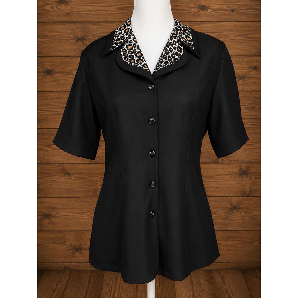 Vintage Hiroko Black Button Up Shirt w/ Leopard Print Collar  Rockabilly Pinup